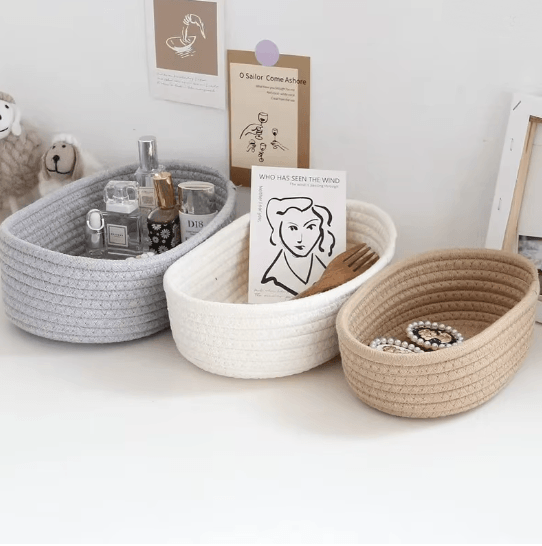 Nordic Cotton Rope Storage Basket Woven Desktop Organizer Box khaki large 30x17x9cm