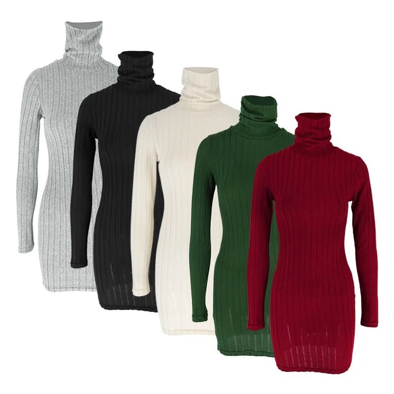 Womens Autumn Winter Turtleneck Long Sleeve Sexy Bodycon Knitted Mini Sheath Dress black m