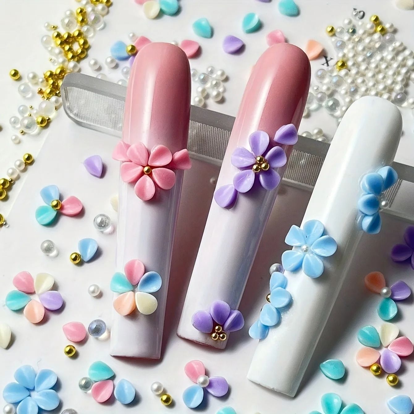 150pcs 3D Nail Art Charm Kit With Acrylic Petals And Rhinestones orange