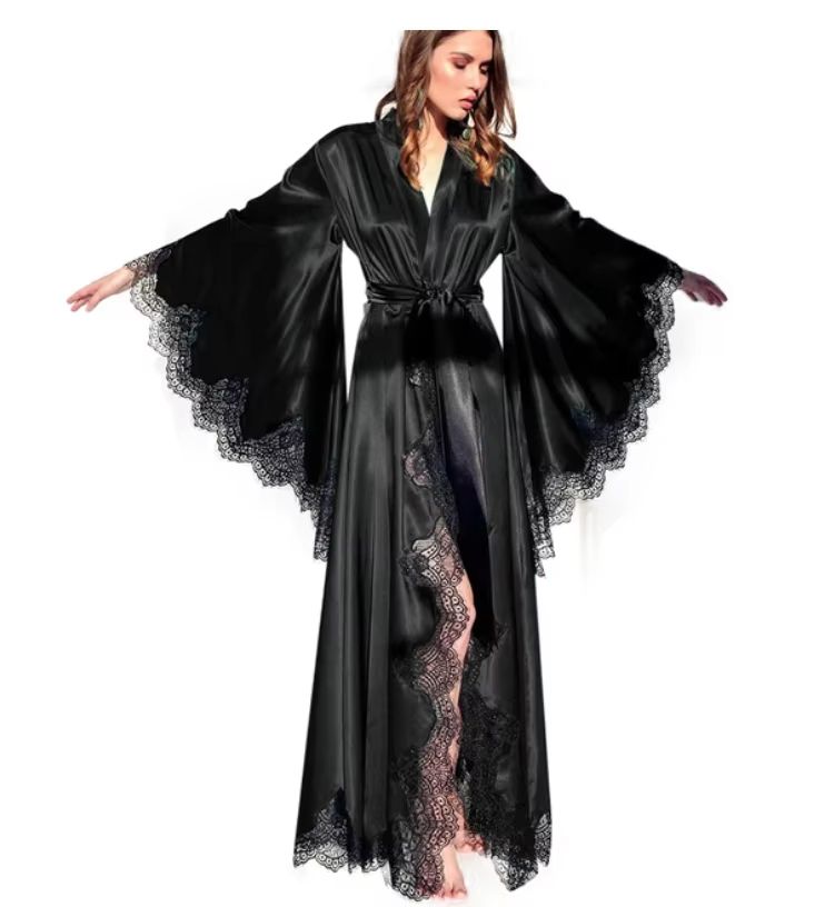 Women's Long Black Silk Satin Lace Trim Kimono Robe For Photo Shoot And Wedding purple s