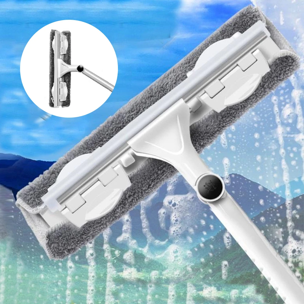 Household Telescopic Window Cleaning Tool, Long Handle Brush Glass Washer Mop gray 1 Mop 2 Cloth