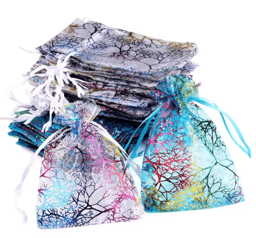 Organza Gift Bags With Drawstring Colorful Tree Print Jewelry & Party Packaging (100pcs) purple 10x15cm 100 Pcs
