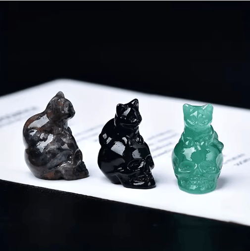 CUPIDCRYSTAL Hand Carved Crystal Skull Cat Figurine blue Opal