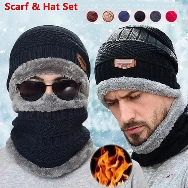 ThermaGuard Winter Beanie Scarf Combo Fleece Knit Neck Warmer Hat navy Blue 8pcs