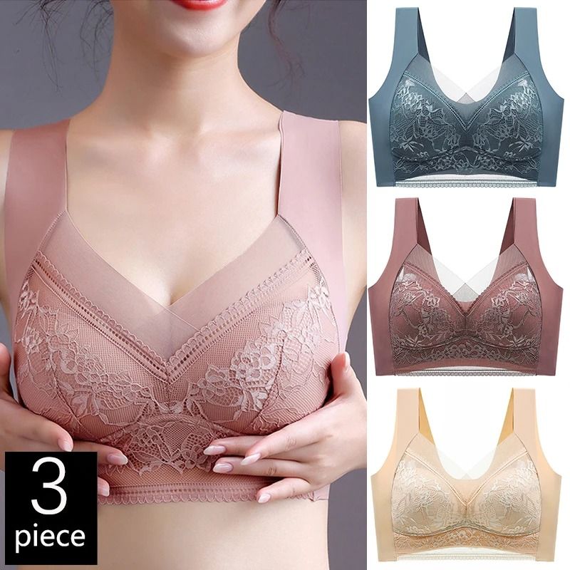FallSweet 3PCS Lace Push Up Bras For Women Sexy Wireless Ice Silk Deep V Bralette Tops mixed 8 2xl