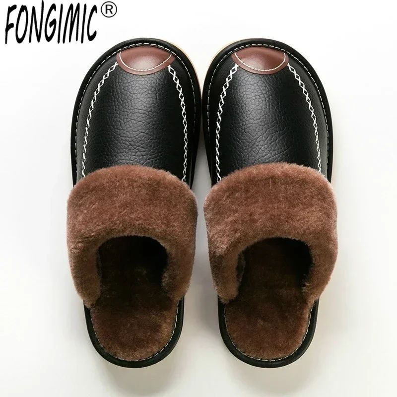 Men's Waterproof Winter Leather Indoor Warm Slippers Shoes navy 8