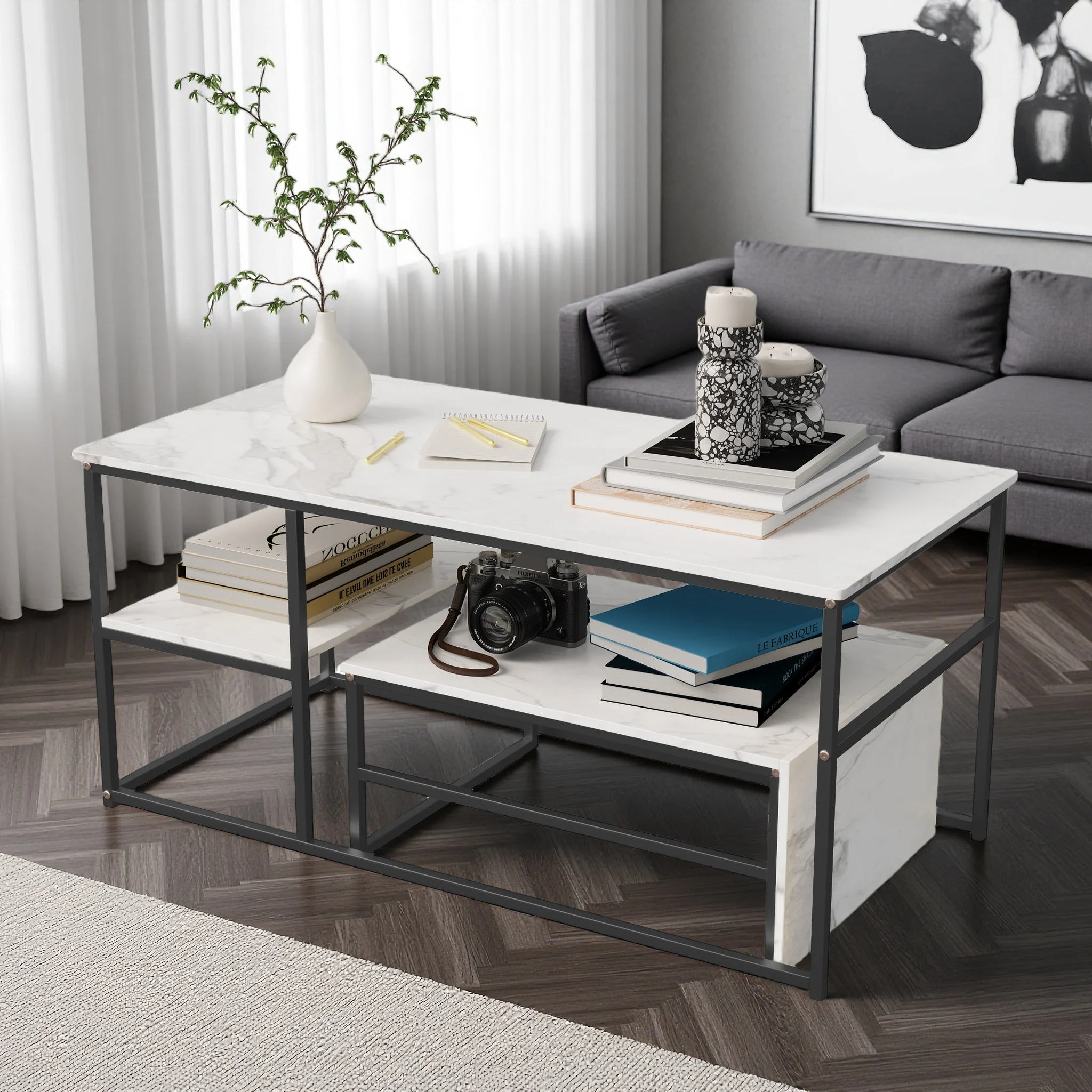 Superaly 2-in-1-Couchtisch mit Kunstmarmor-Effekt, schwarzer Metallrahmen, stapelbarer Beistelltisch, Sofatisch für Wohnzimmer, Schlafzimmer Image