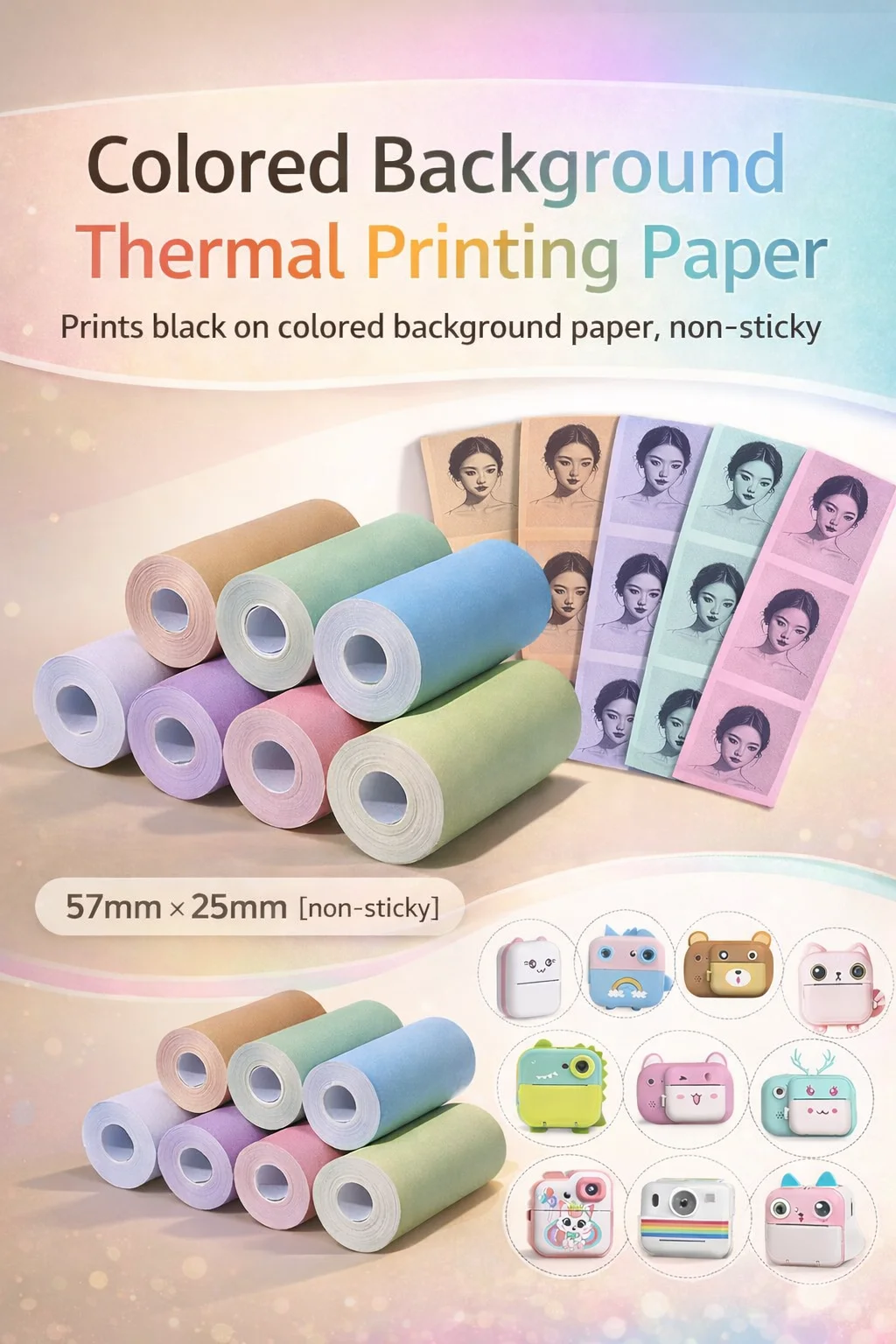 Buntes Mini-Druckerpapier, Thermopapier 57 * 25mm für Taschen-Bluetooth-Drucker, tragbares Mini-Druckerpapier Image