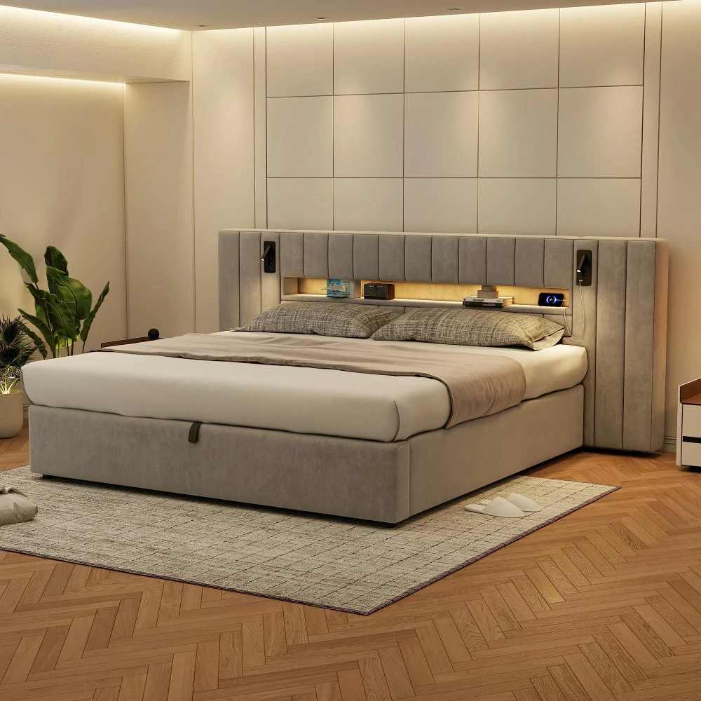 180x200 cm gepolstertes Doppelbettgestell mit Stauraum, USB-Anschlüssen, LED-Beleuchtung und Nachttischlampe – Matratze nicht enthalten Image