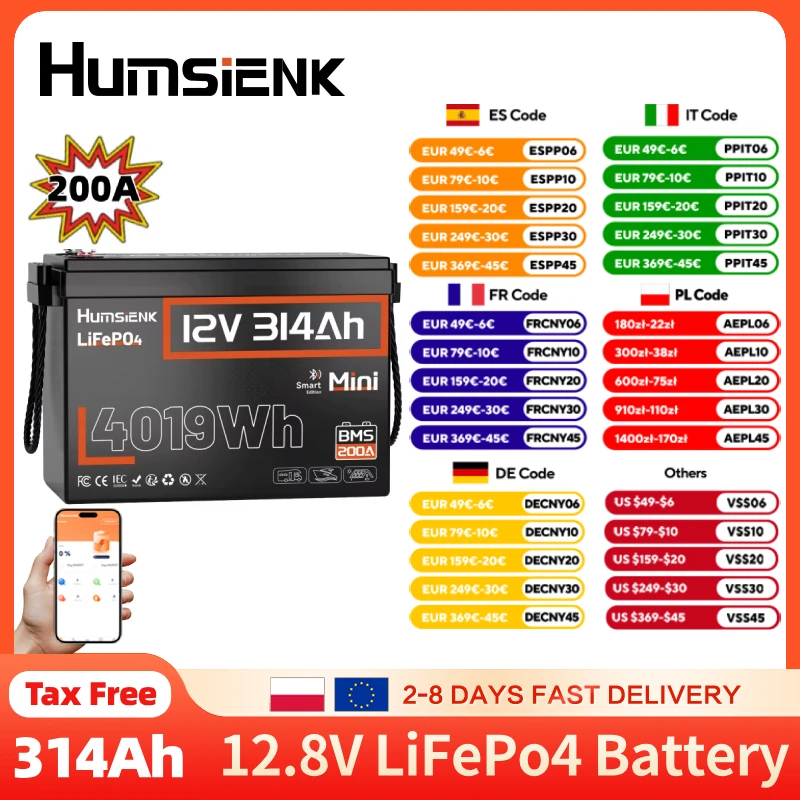 Humsienk LiFePO4 Lithiumbatterie 12V 314AH Bluetooth Version 200A BMS A+ Zelle für Camping/Wandern/Marine/Tourenwagen/Wohnmobil/Vans Image