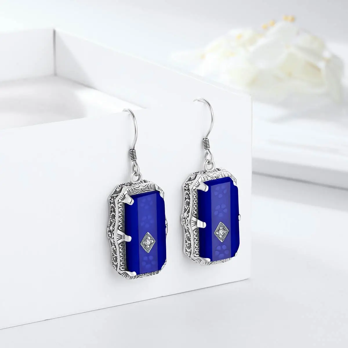 Trendige Ohrringe aus 925er Silber mit leicht Haken, rechteckige Form, Saphir-Edelstein-Tropfenohrring für Frauen, Hochzeit, Party, Schmuck, Geschenk Image