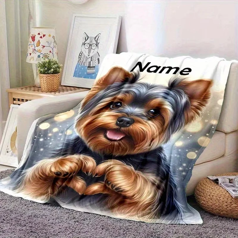 Personalisierte Flanelldecke mit individuellem Namen, Yorkshire Terrier, weicher Überwurf für Bett, Sofa, Bürostuhl, ideales Geburtstags- und Weihnachtsgeschenk Image
