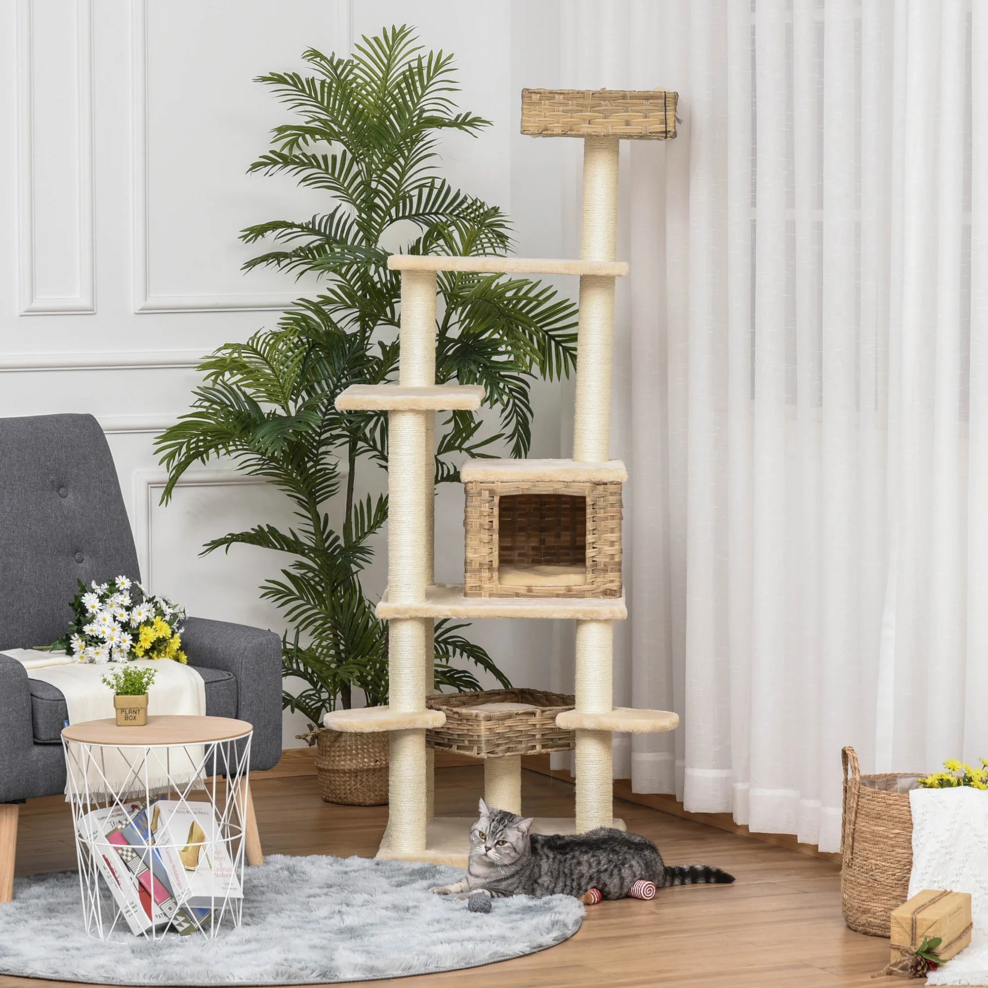 PawHut Kratzbaum mit Katzenhöhle Mehrstufiger Rattan Katzenbaum für Katzen Image