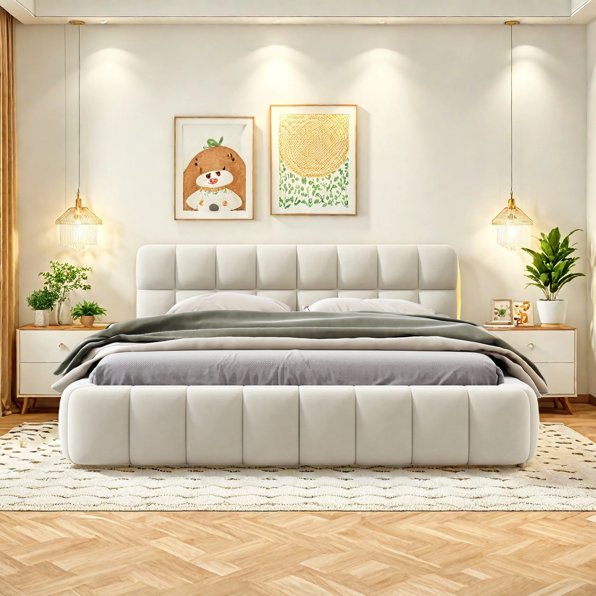 WoodenAura Bett 140 x 190 cm, Polsterbett,Jugendbett, Doppelbett mit weicher Rückenlehne, Flachbett mit Polsterumrandung, Leinen