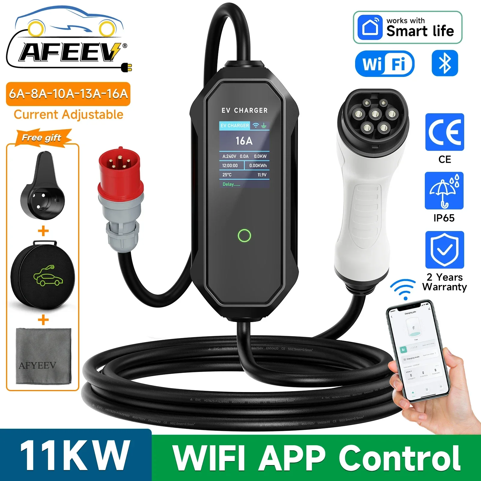 AFEEV 11KW Typ 2 EV-Ladegerät 16A 3-Phasen Tragbares Ladegerät Wallbox EVSE Schnellladekabel CEE-Stecker WLAN-App Bluetooth-Steuerung Image