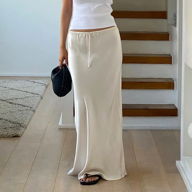 Neu im Jahr 2024, Frühling und Sommer, einfarbig, Satin, langer Rock für Frauen, hohe Taille, Schnürung, modisch, elegant, Faldas Image