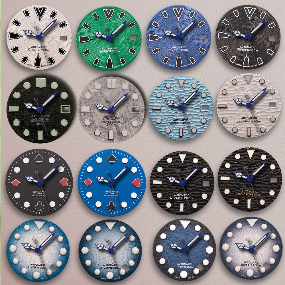 28,5 mm S-Logo Meteorit-Wellenzifferblatt, Pokerkarten-Zifferblatt, Lotus-Zifferblatt, passend für NH35-Uhrwerk, grün leuchtendes Uhrenmodifikationszubehör ﻿