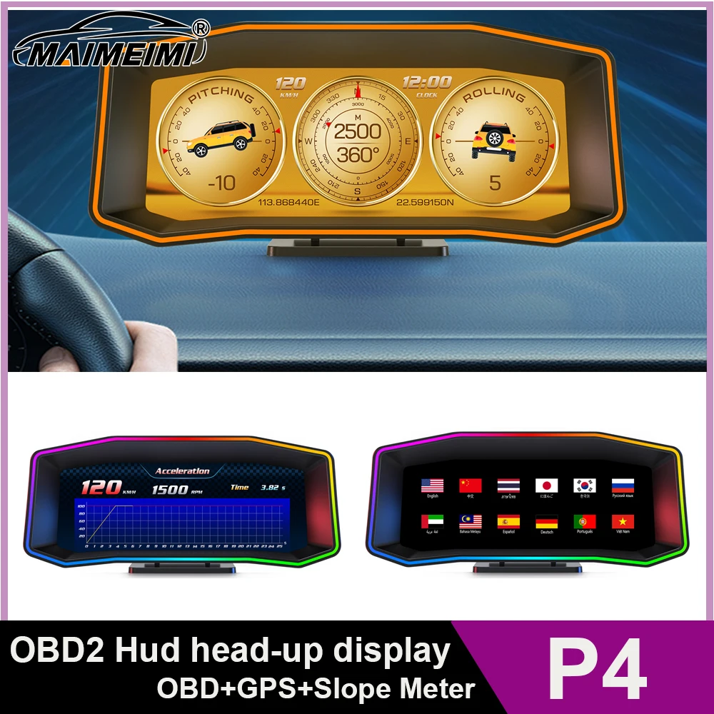 P4 Hud Headup Display OBDII + GPS Smart Gauge Car Head-up Display Tachimetro digitale per auto Obd2 Strumento diagnostico per auto Consumo di carburante
