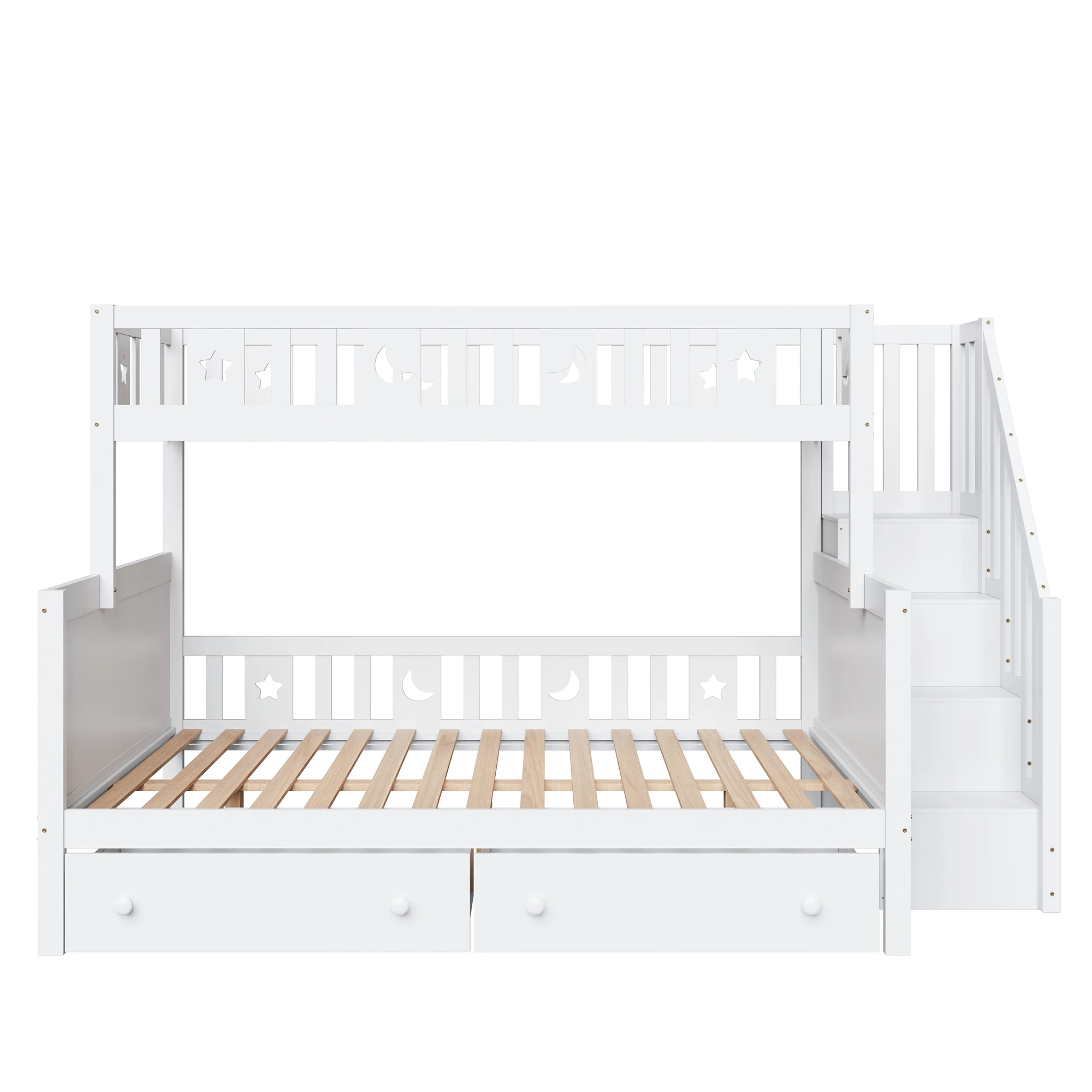 Solid Wood Bunk Bed 90/140x200cm, Triple Sleeper w/ Safety Stairs & 2 Drawers. Modern Kids Bed Frame w/ Slats & Storage, White. Image