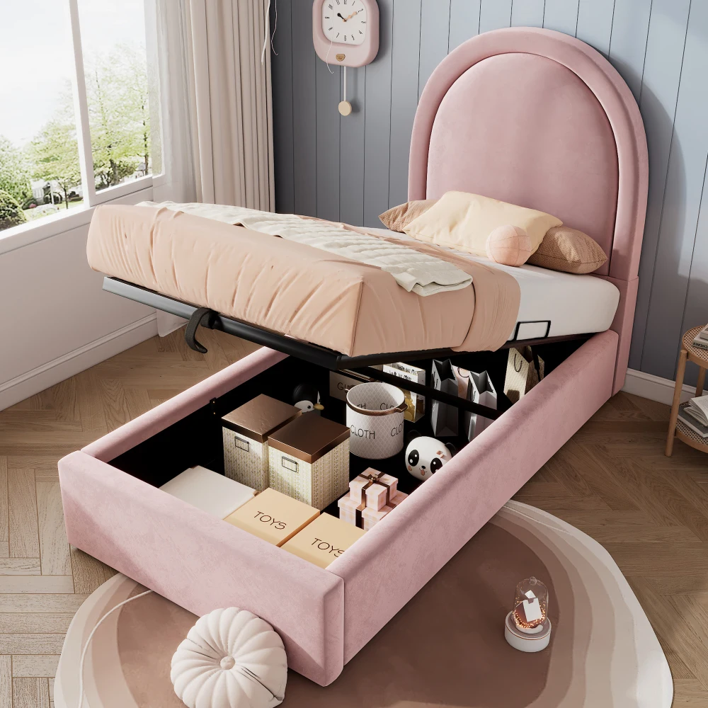 90*190cm/90*200cm Polsterbett, Kinderbett, Modernes Einzelbett, Rosa Halbkreis-Bogendesign, mit Hydraulischem Gitter für Jungen & Mädchen Image