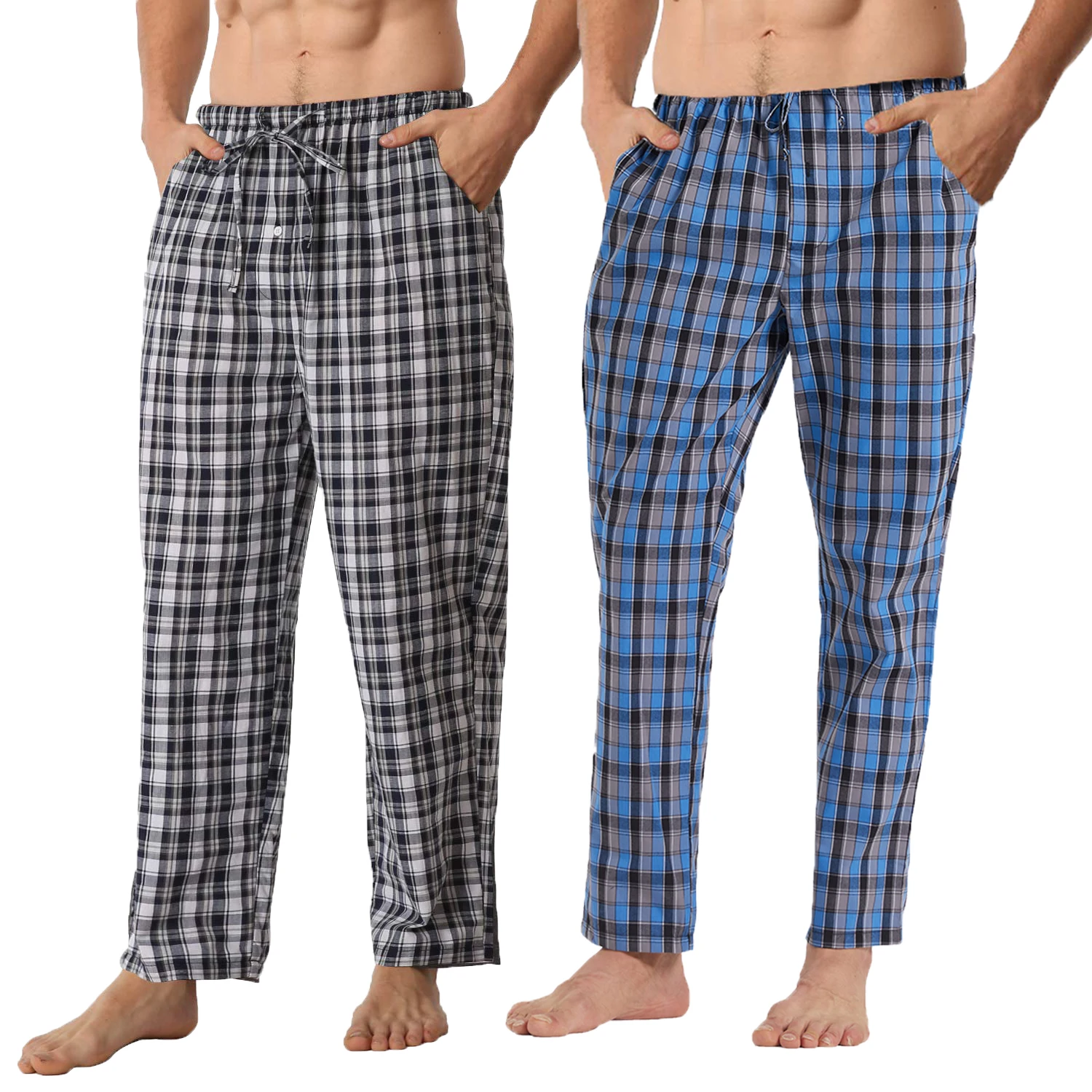 2er-Pack Herren-Pyjamahosen, Sommer-Baumwoll-Poly-Mischung mit Taschen und elastischem Bund, karierte Lounge-Nachtwäsche (M-XL) Image