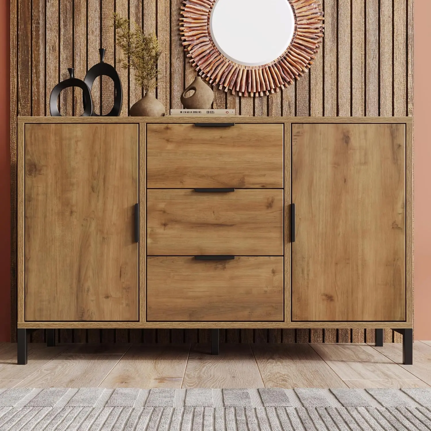 Sideboard-Kommode mit 2 Türen und 3 Schubladen, 120 cm, Buffetschrank mit verstellbarem Regal, Aufbewahrungsschrank in dunkler Eiche