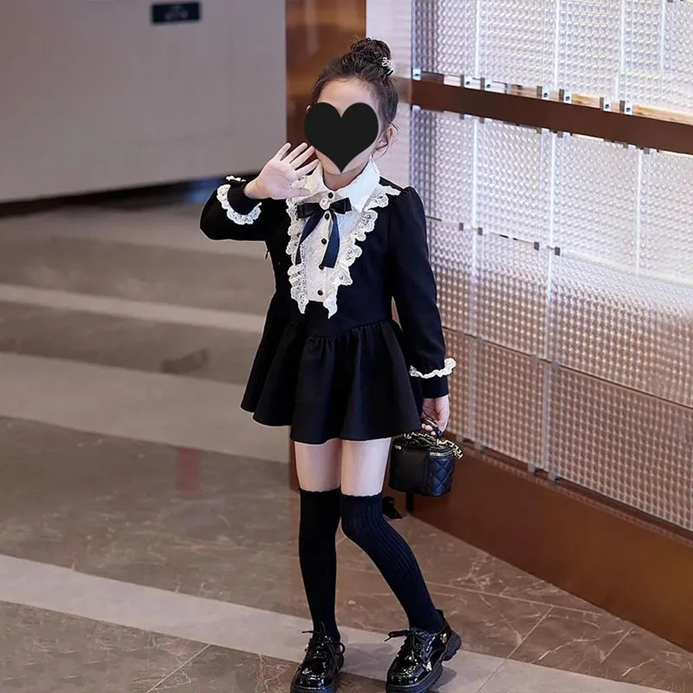 Frühling Herbst Retro Mädchen langes Kleid Baumwolle Spitze Ärmel Teenager Strass Schleife Kleidung JK Plissee Prinzessin Kleider 4 8 12 14 Jahre Image