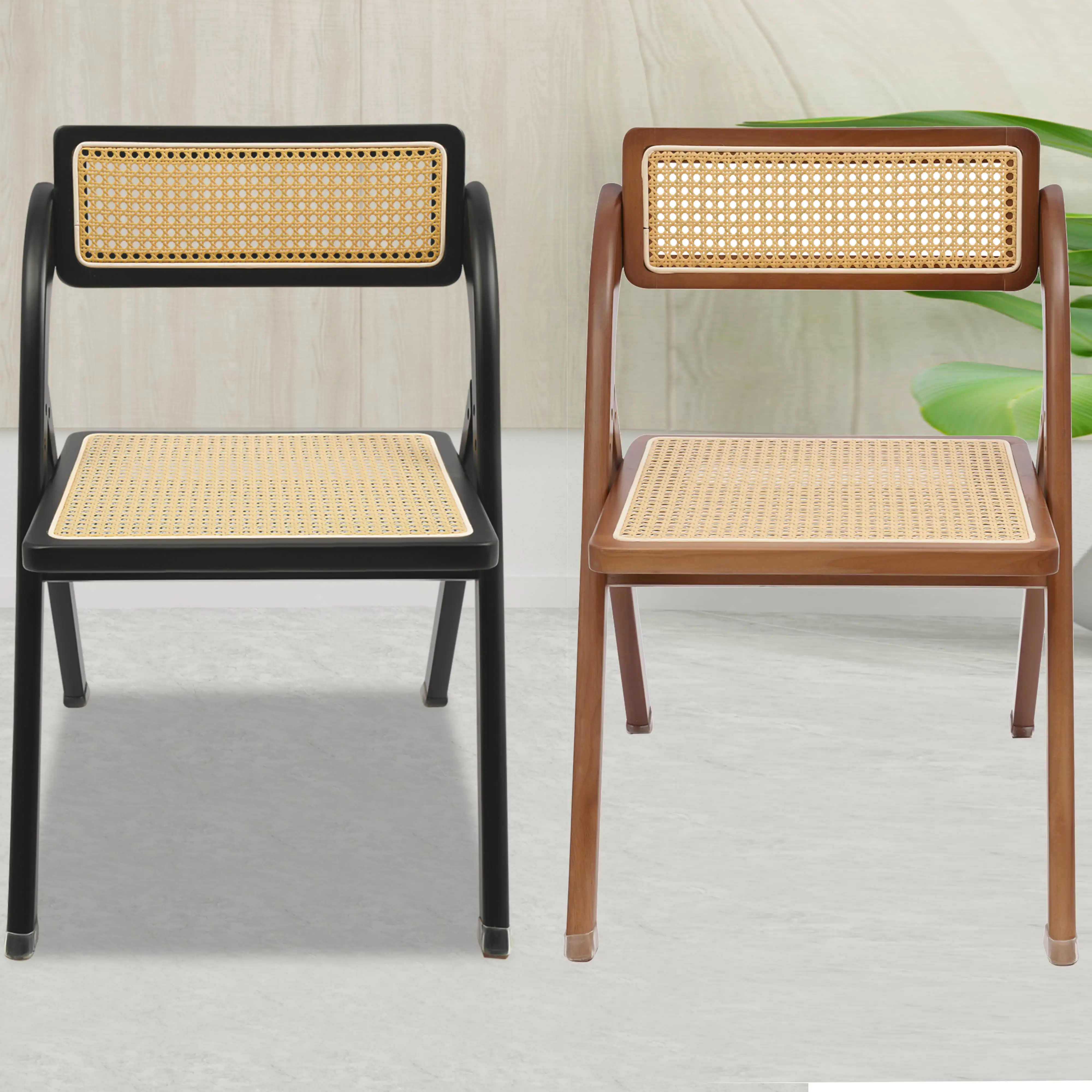 46cm Rattan Klappstuhl Holz Retro Klappstuhl Zusammenklappbarer Rattan Esszimmerstuhl für Wohnzimmer Walnussfarbe/Schwarz