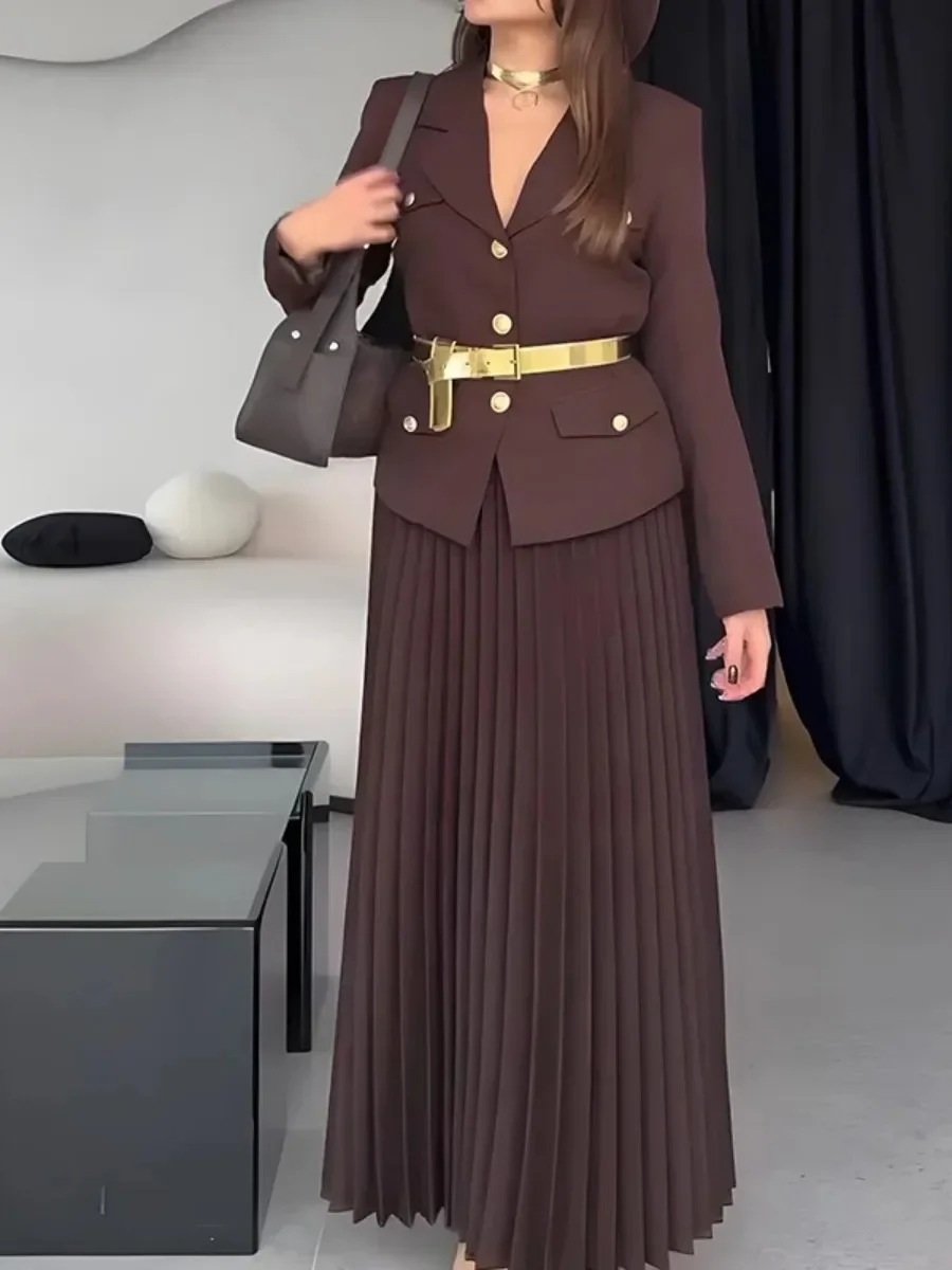 Dubai Damen 2-teiliges Muslimisches Set Blazer Plissierter Rock Eid Büro-Damen Hemd-Rock-Anzug Ramadan Marokkanische Outfits Jalabiya Ensemble Image