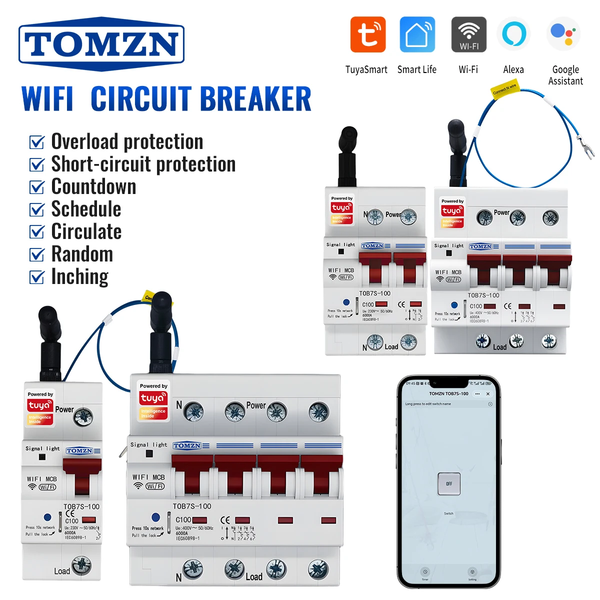 TOMZN WIFI MCB 1234P 230VAC 10-100A TUYA Smartlife Überlast- und Kurzschluss-Schutzschalter mit Countdown-Timer und Zufallsfunktion Image