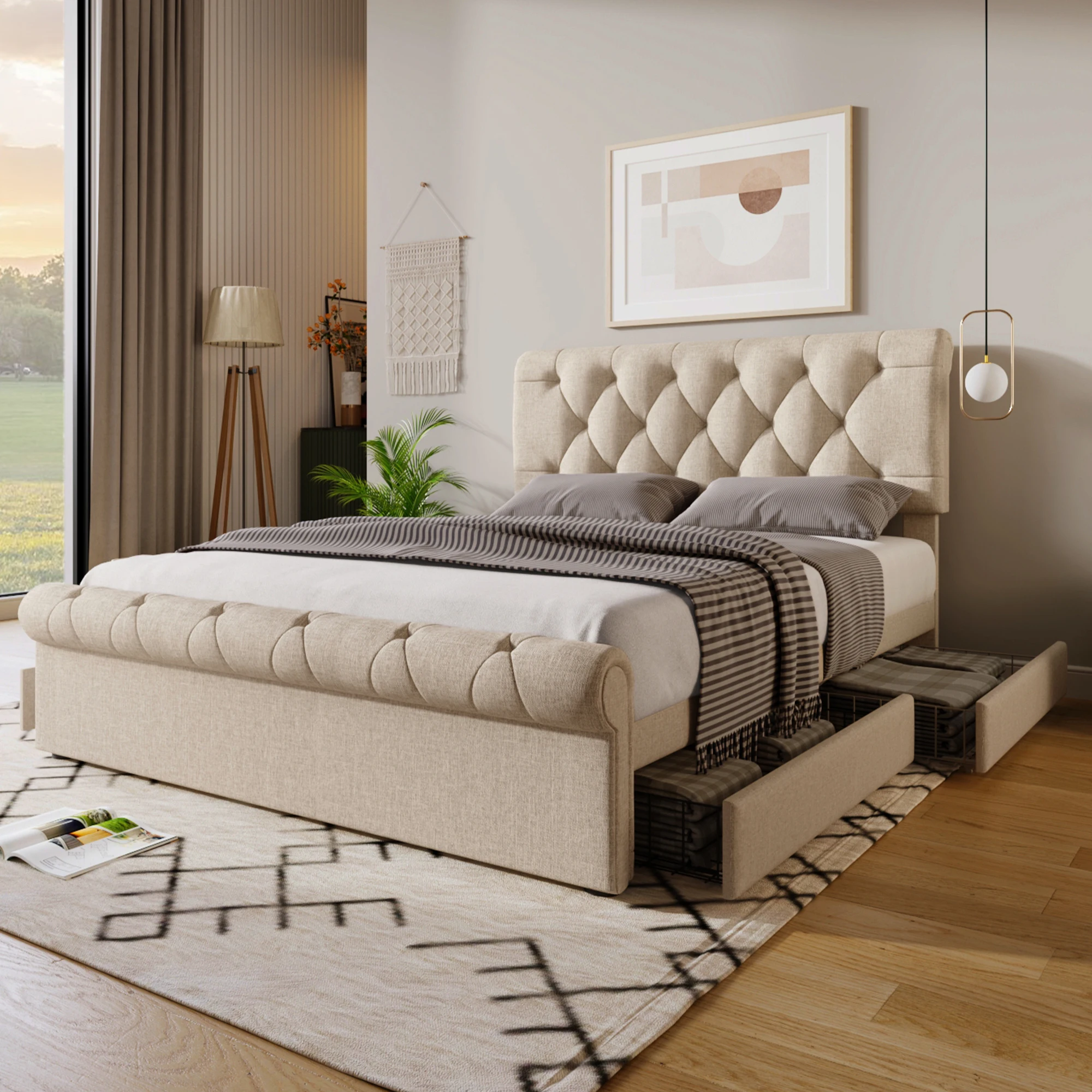 KOMHTOM Polster-Doppelbett 140x200cm, 4 Schubladen. Höhenverstellbares Kopfteil, Chesterfield Funktionsbett (Ohne Matratze) Image