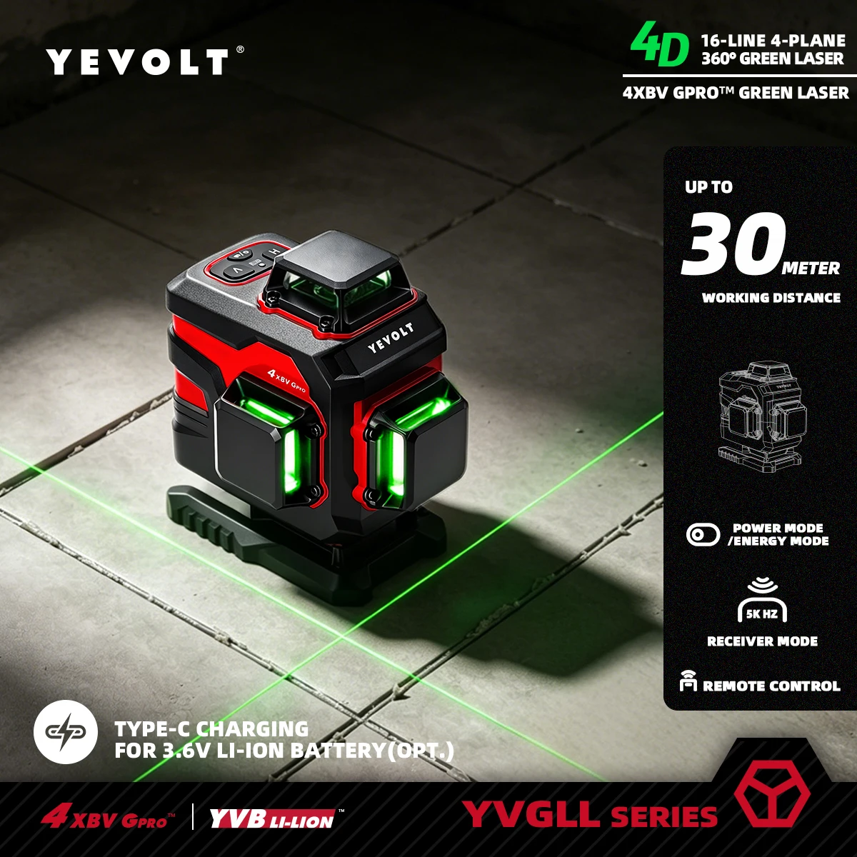 YEVOLT YVGLL4XS16 CHD 360° ° 16-Zeilen-Laser-Nivelliergerät, selbstnivellierend, für den Außenbereich, extrem präzise, 30 m Reichweite Image