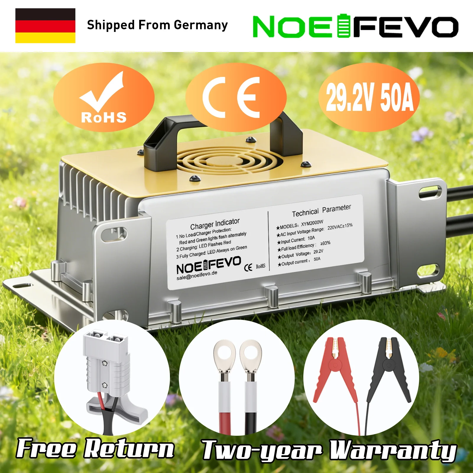 24 V 50 A Lithium-Batterieladegerät, 29,2 V LiFePO4-Batterieladegerät für 25,6 V 8S-Batterie, 0 V BMS aktivieren, 8 Sicherheitsschutzmodi Image