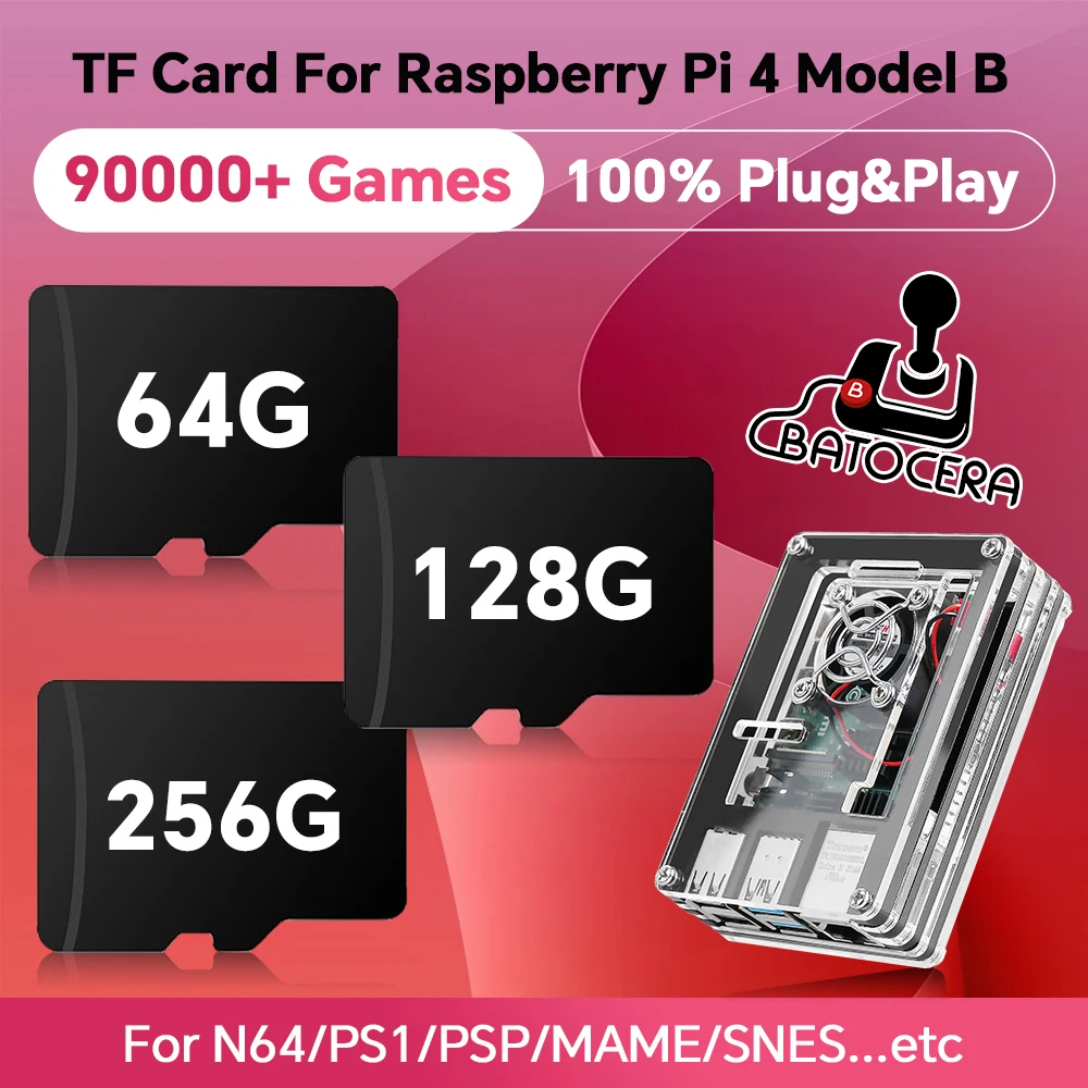Retro-Spielkarte für Raspberry Pi 4 Modell B, integrierte 90000+ Spiele, Batocera 39 OS-Speicherkarte für PSP/PS1/N64/SNES/MAME Plug&Play Image