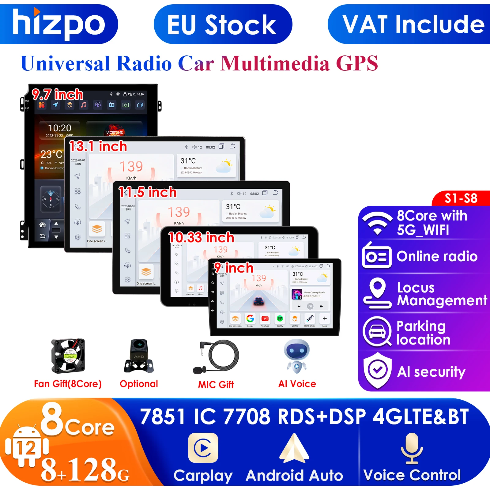 Hizpo 2Din 10,1' 10,33' Universal AutoRadio Carplay 4G WIFI BT GPS AI Systeme Android 13 Auto Radio GPS Navigation RDS Player Cam