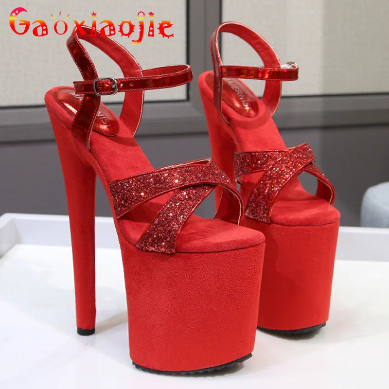 20CM Nachtclub Frauen Schuhe Pole Dance Modell Spaziergang Zeigen Sandalen Wasserdichte Plattform Pailletten Tuch Super Plus Größe High Heels mode