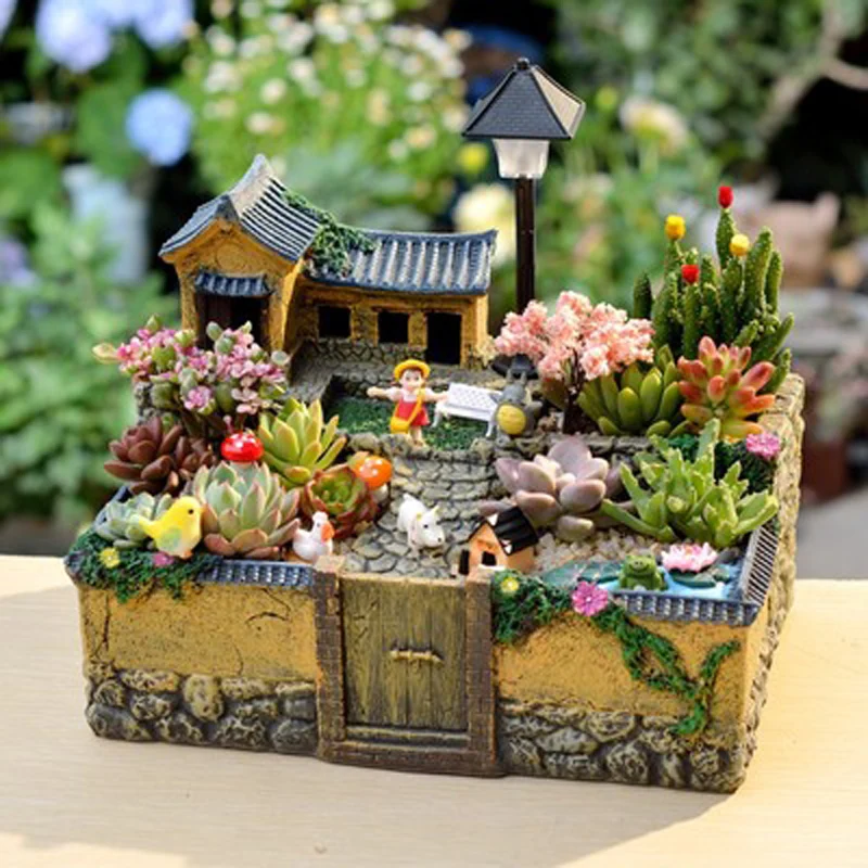 Blumentopf aus Kunstharz für Sukkulenten, Tisch-Topfhalter, Retro-Gorf, Zuhause, Hausform, Balkondekoration, Ornamente Image