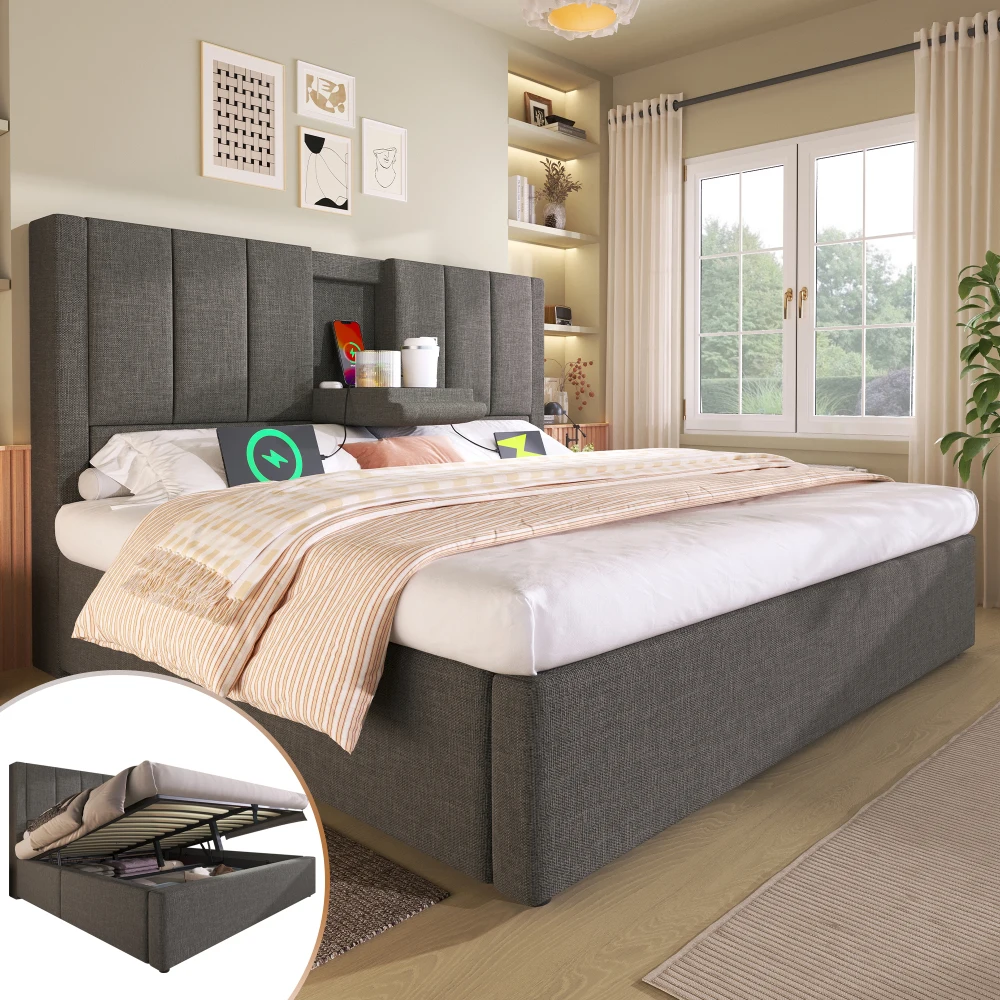 Gepolstertes Doppelbett mit verstecktem Getränkehalter & Ladestation, hydraulisches Bett mit Stauraum, Leinen (ohne Matratze) Image