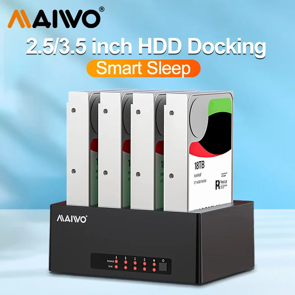 MAIWO Festplatten-Dockingstation, 4-Schacht-SATA auf USB 3.0, HDD-Docking für 24 TB 2,5/3,5 Zoll HDD/SSD-Station, externe SATA-Laufwerksbox Image