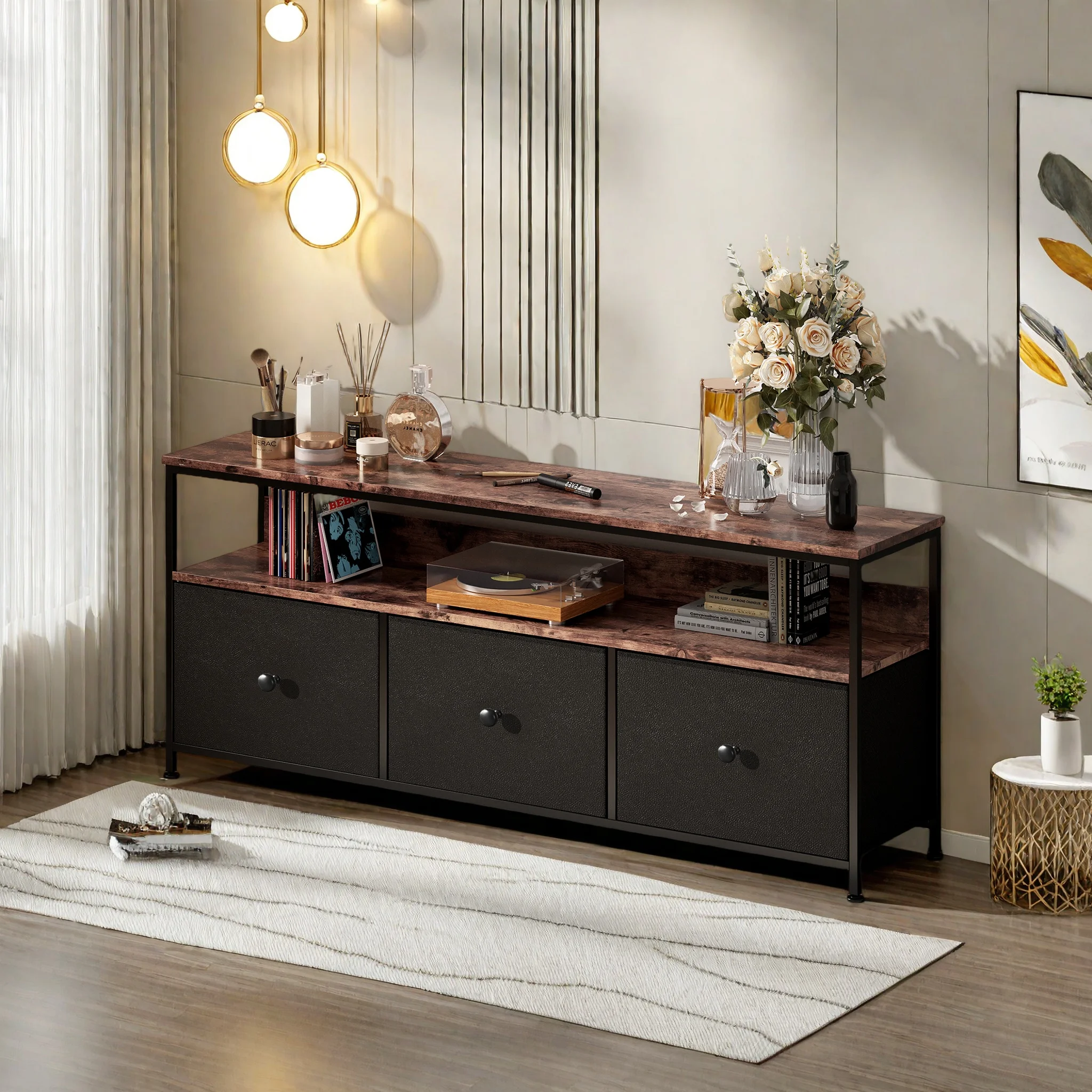 Meuble TV avec éclairage LED, 108x29,8x57 cm, meuble TV bas avec trois tiroirs, espace de rangement ouvert, matériau en tissu, noir