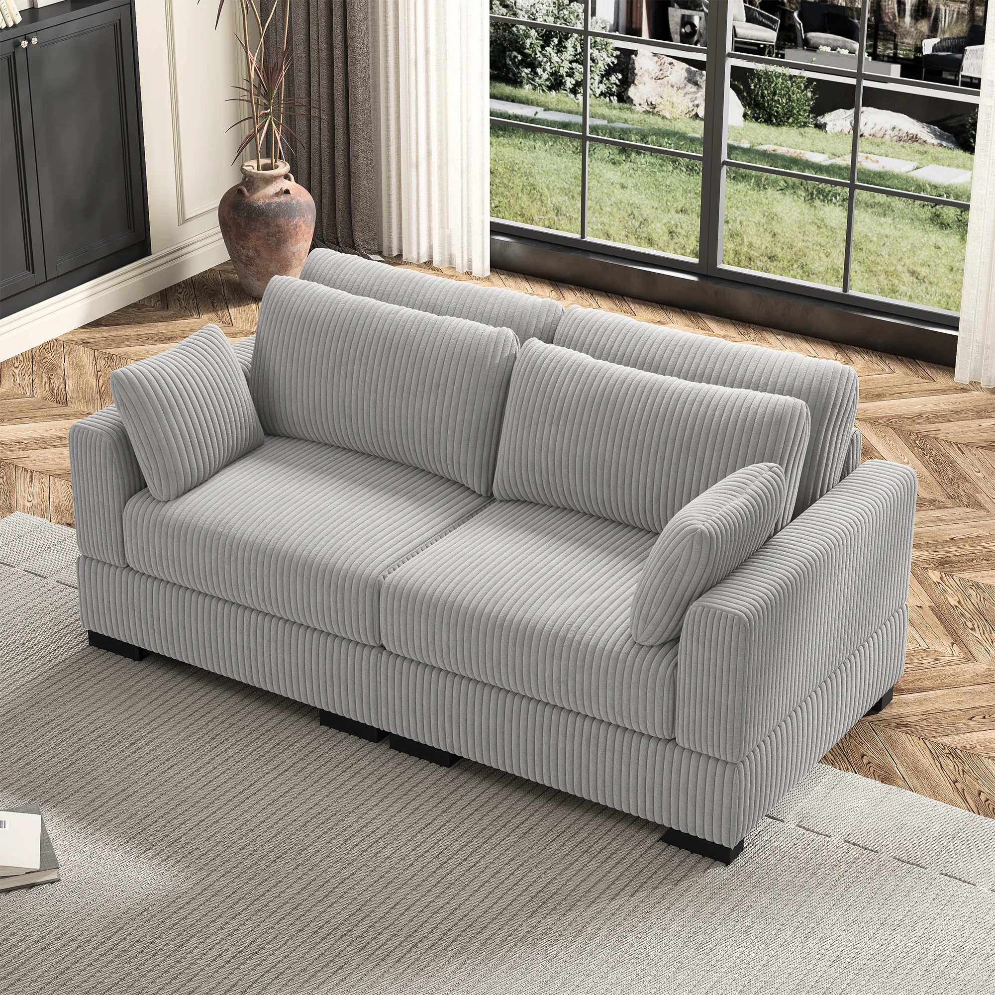 Anajqaqia Modulares Sofa, Sofagarnitur, Modernes Sofa mit breiten Armlehnen, abnehmbaren Kissen und Rückenlehne, Cord, Grau Image