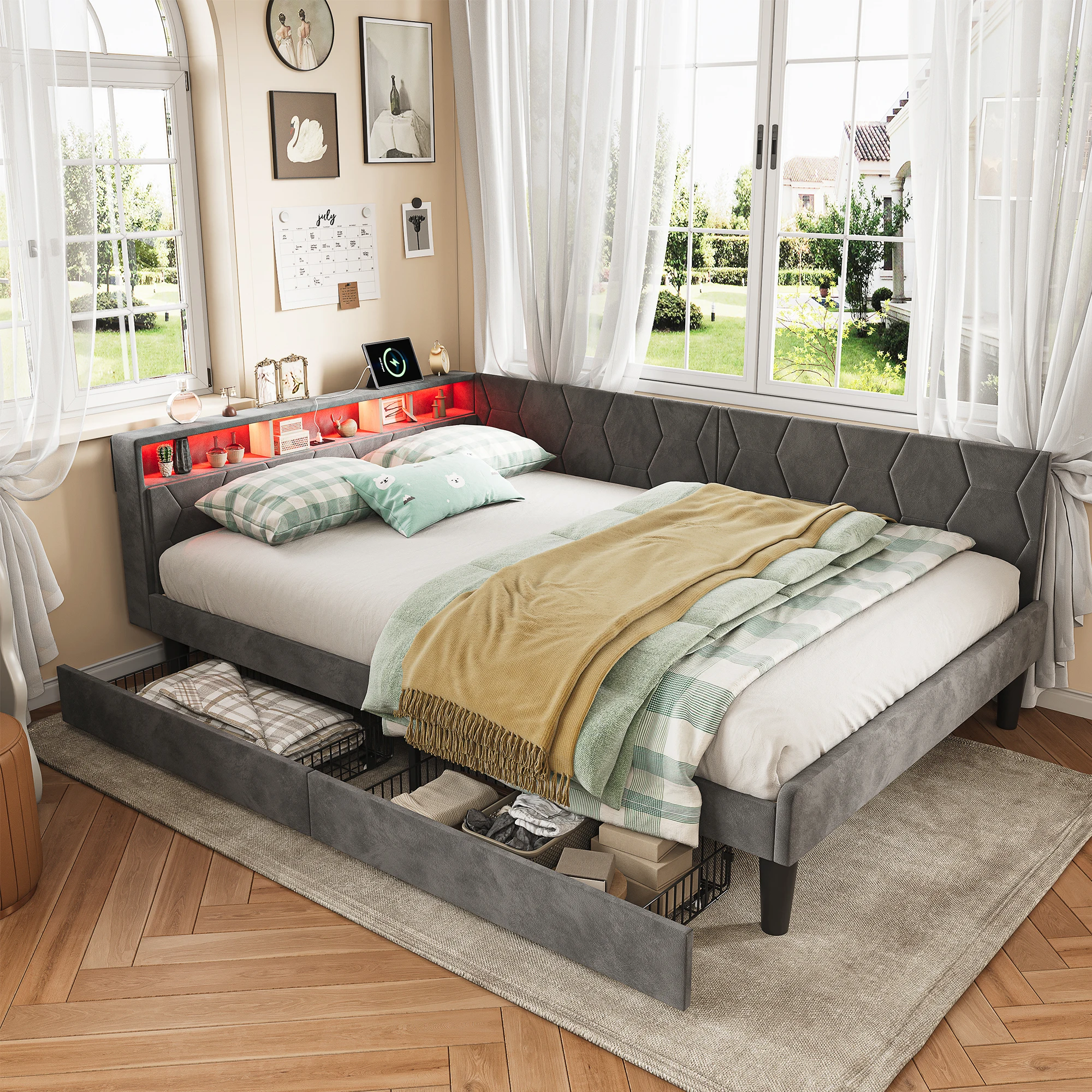 Comanlai 90/140 x 200 cm großes Schlafsofa, Einzelbett, gepolstertes Bett mit 2 Schubladen, doppeltes Jugendbett, Samtstoff, Beige, Grau Image