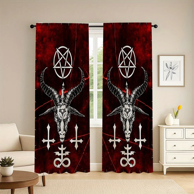 2-teilige Gothic-Verdunkelungsvorhänge – Pentagramm- und Baphomet-Druck, tiefrot und schwarz für Schlafzimmer, Wohnzimmer und Büro Image