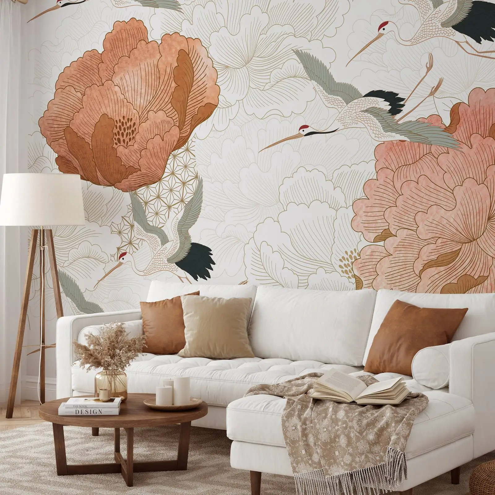 Kranichvögel mit Pfingstrosen-Blumen-Wandbild, japanische Aquarell-Blumentapete für Raumdekoration, regelmäßig, unpastiert, PVC-frei Image