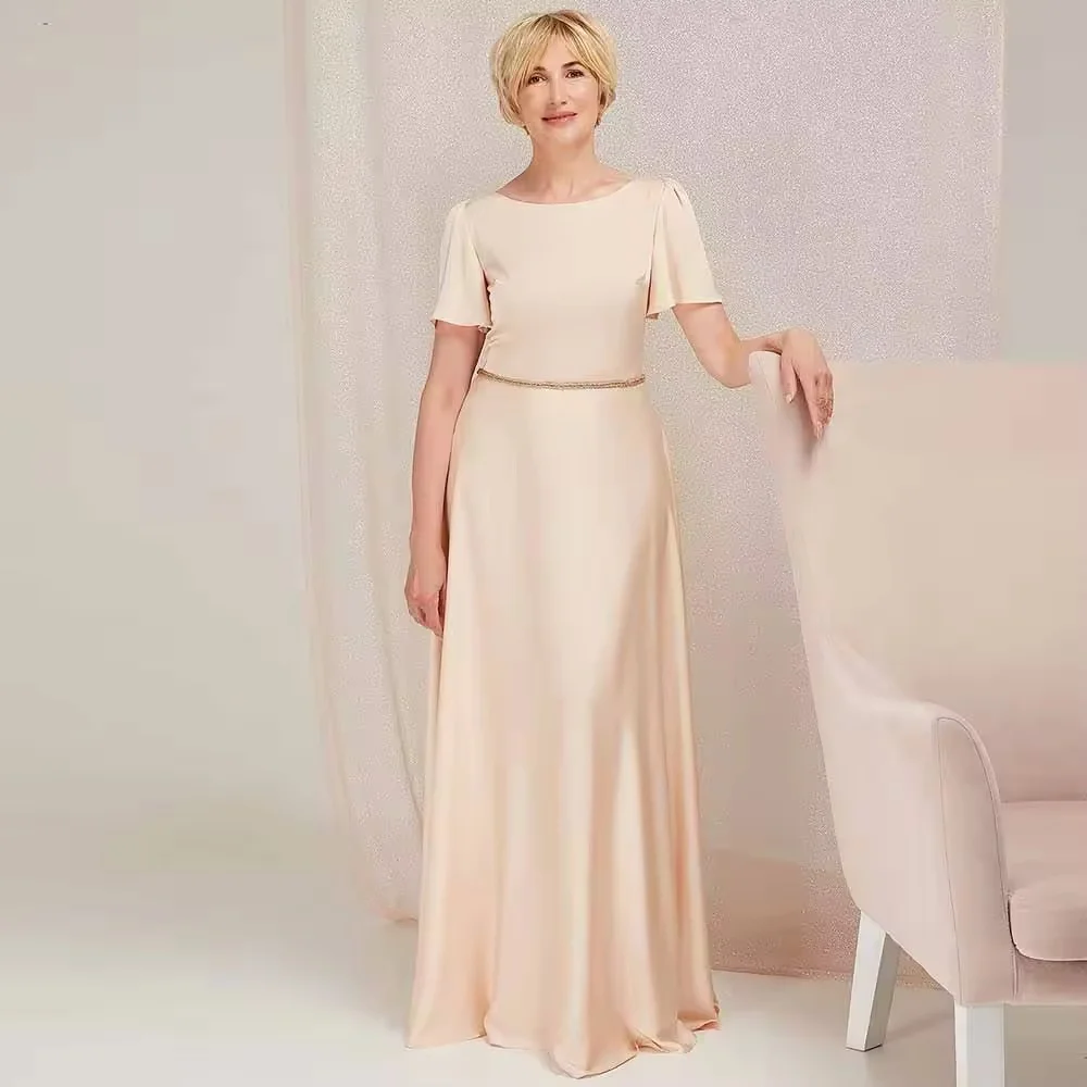 Maßgeschneidertes Vintage-Champagner-Kleid für die Brautmutter, Satin, Etuikleid/Kleid in Form einer Säule, formelles Abendkleid, O-Ausschnitt, Perlen, langes Kleid Image