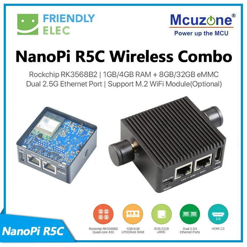 NanoPi R5C-WiFi Rockchip RK3568B2 | 4 GB RAM + 32 GB eMMC Dual 2,5 G Ethernet-Port | Unterstützt M.2 WiFi-Modul (optional) RTL8822CE Image