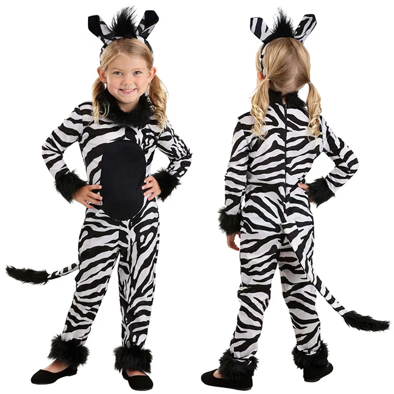 Kind KID's Zebra Streifen Kostüm Tier Onesie Overall mit Stirnband Halloween Dress Up Kinder Party Outfit Kleidung Set Image