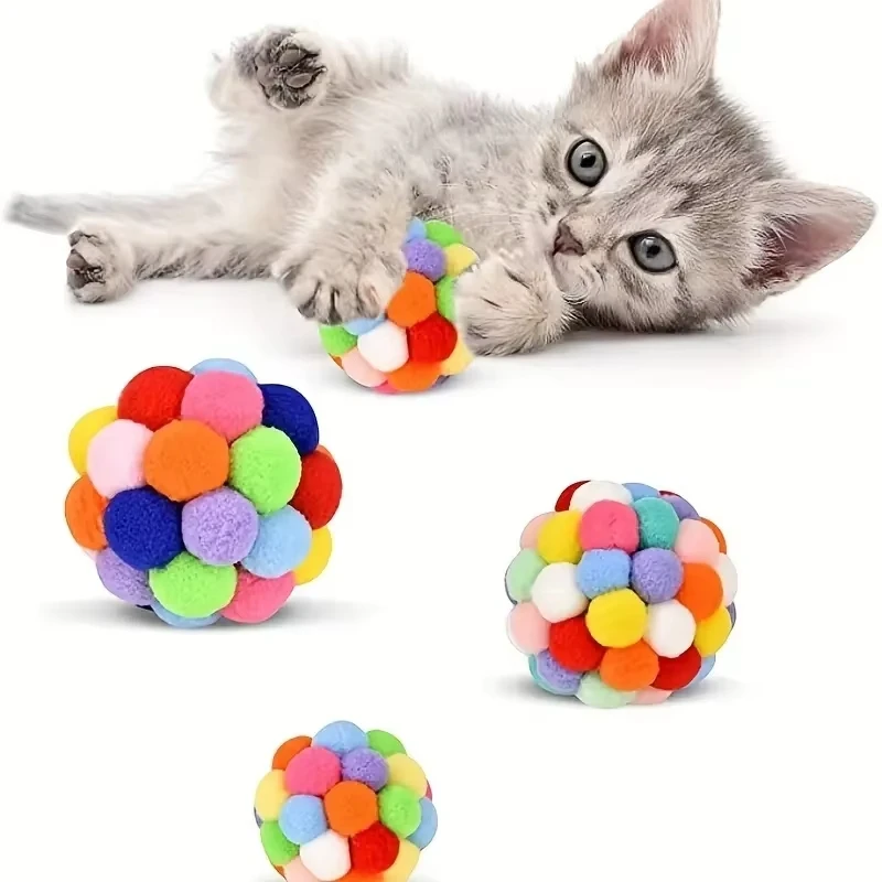 1/3PCS katze spielzeug plüsch ball spielzeug haustier elastische glocke ball spaß kratzer selbst-unterhaltung ball spielen katze bunte garn ball katze spielzeug Image