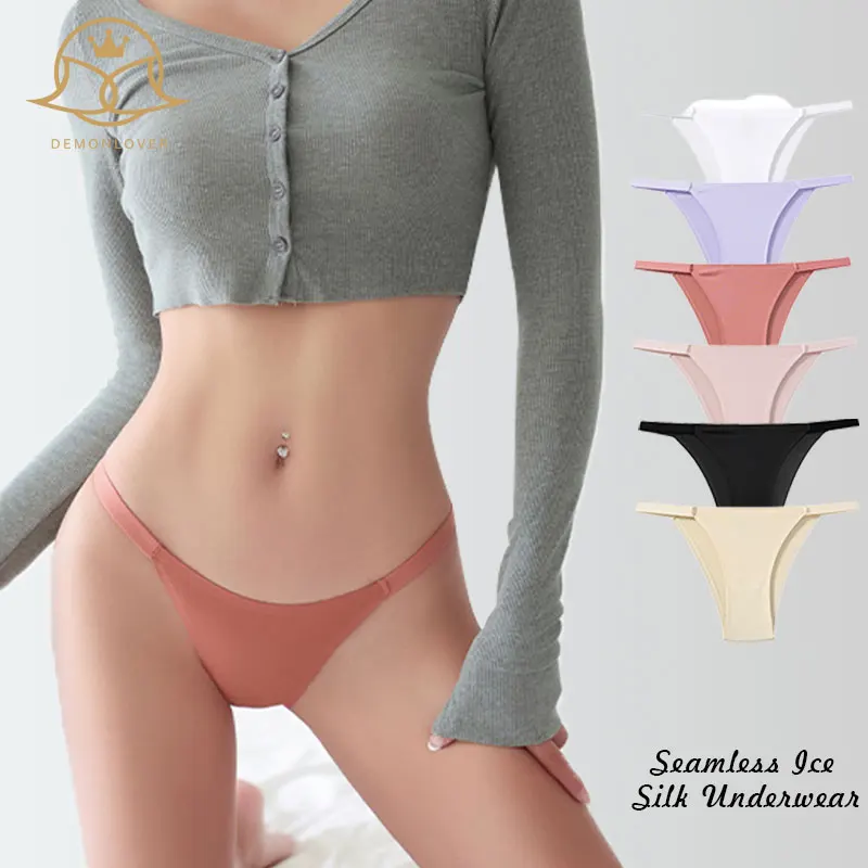 DemonLover Nahtlose Eisseide Tanga mit Niedrigem Bund für Damen 6 Einfarbige Atmungsaktive Dehnbare Sexy Weiche Unterwäsche Image