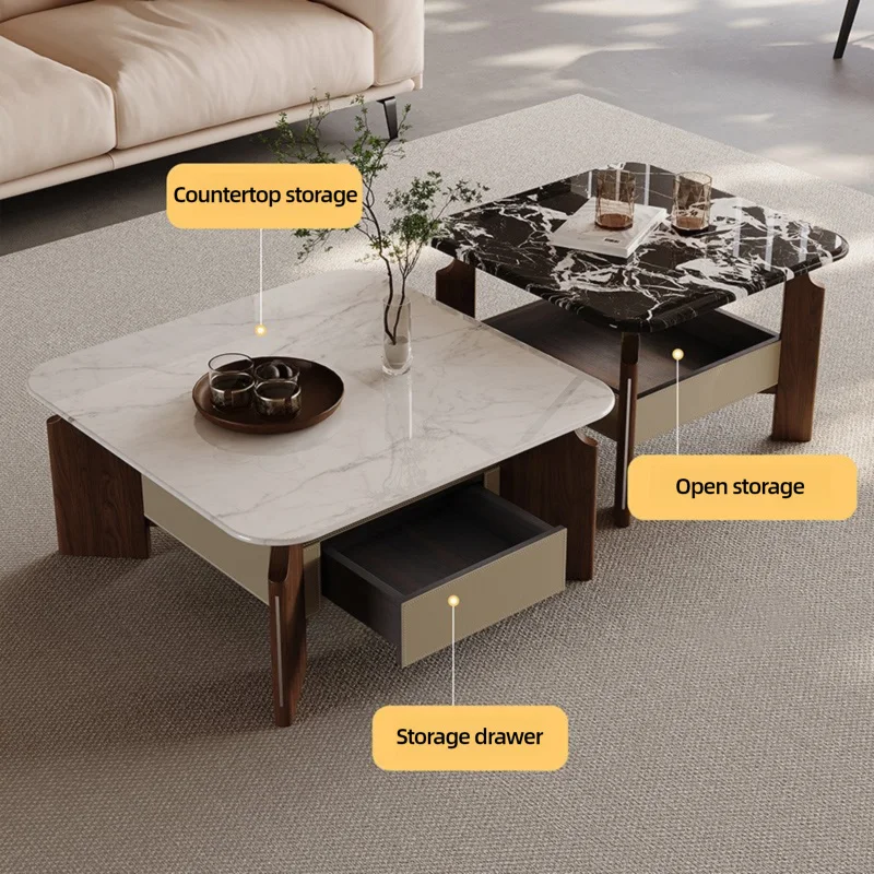 Kompakte quadratische Couchtisch-Sets für das Wohnzimmer, Wohnzimmertisch mit Schubladen, moderner Couchtisch mit Holzbeinen, Möbel Image